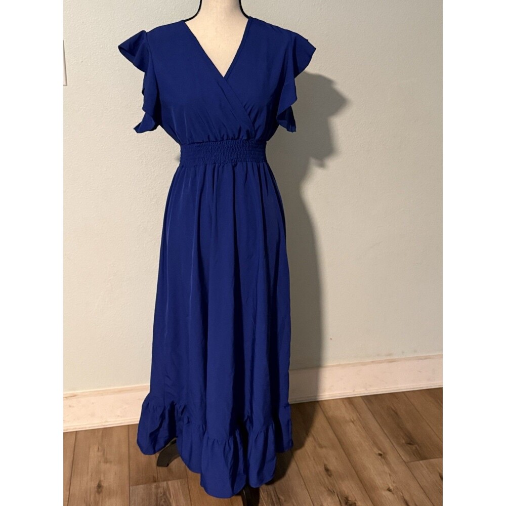 Women’s Royal Blue Flutter Sleeve Maxi Dress V-Neck Smocked Waist Ruffle Hem Med